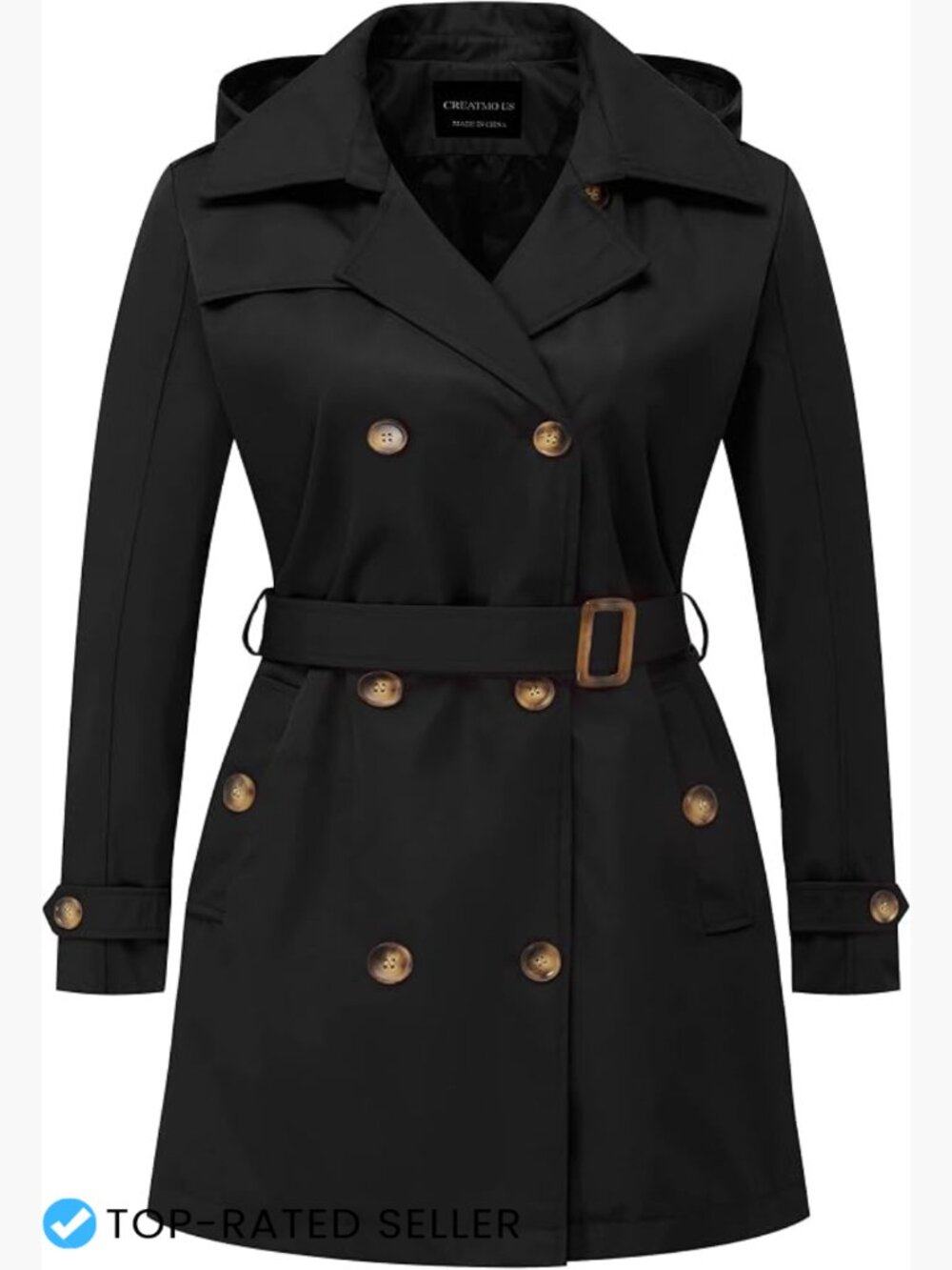Plus Size Trench Coat Double Breasted Classic Lapel Belted Overcoat with Hood